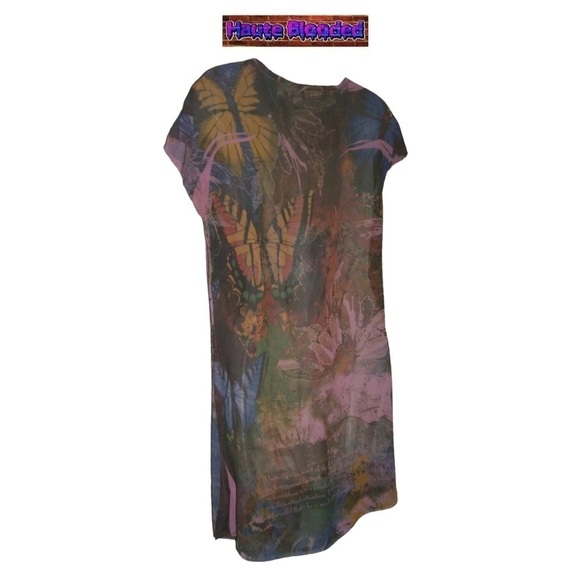 Vintage 90's Daniel Benjamin Pink Butterfly Sheer Sublimation Dress Retro y2k S - Picture 6 of 9